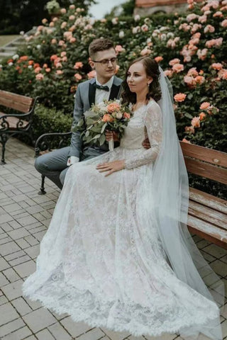Tulle A-line V-neck Long Sleeves Lace Boho Wedding Dresses, Bridal Gown