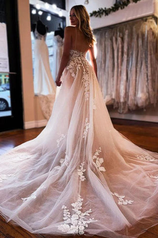 Tulle A-line V-neck Wedding Dress With Lace Appliques, Wedding Gown