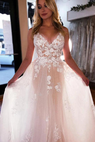 Tulle A-line V-neck Wedding Dress With Lace Appliques, Wedding Gown