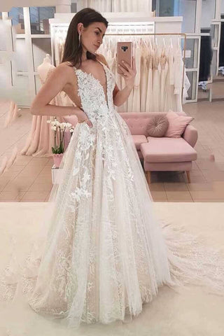 Tulle A-line V-neck Wedding Dresses With Lace Appliques, Bridal Gown