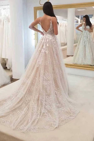 Tulle A-line V-neck Wedding Dresses With Lace Appliques, Bridal Gown