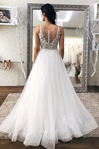 Tulle A-line V-neck Wedding Dresses With Lace Appliques, Bridal Gowns