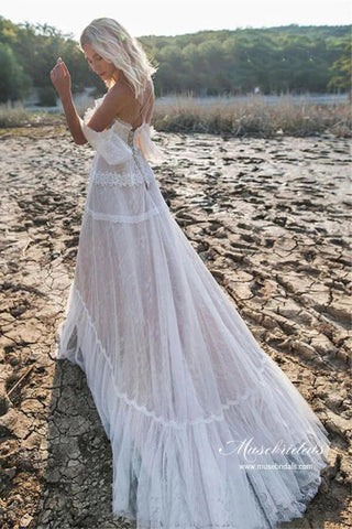 Tulle A-line V Neck Off-the-Shoulder Bohemian Lace Wedding Dresses