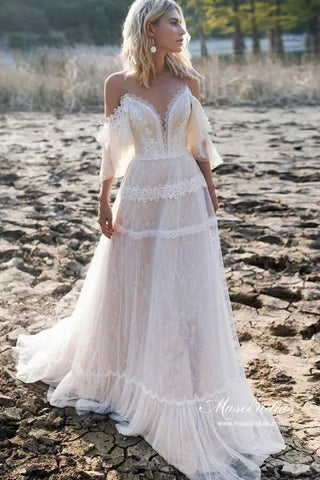 Tulle A-line V Neck Off-the-Shoulder Bohemian Lace Wedding Dresses