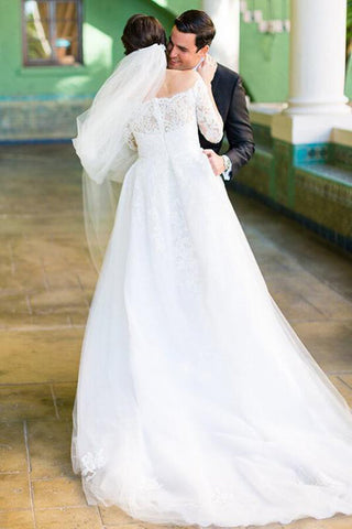 Tulle A line Lace Long Sleeve Off Shoulder Wedding Dress, Bridal Gown