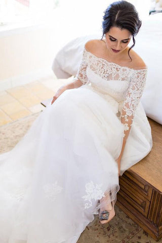 Tulle A line Lace Long Sleeve Off Shoulder Wedding Dress, Bridal Gown