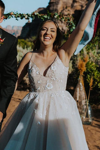 Tulle Backless A-line Spaghetti Straps Cheap Wedding Dress, Bridal Gown