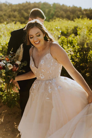 Tulle Backless A-line Spaghetti Straps Cheap Wedding Dress, Bridal Gown