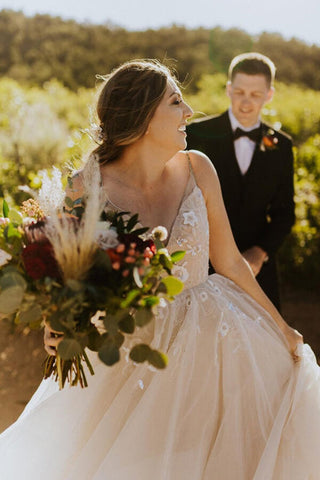 Tulle Backless A-line Spaghetti Straps Cheap Wedding Dress, Bridal Gown