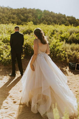 Tulle Backless A-line Spaghetti Straps Cheap Wedding Dress, Bridal Gown