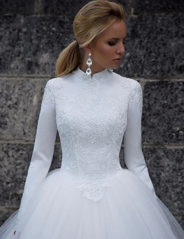 Tüll Ballkleid Hoher Kragen Lange Ärmel Brautkleider, Brautkleid