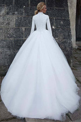 Tüll Ballkleid Hoher Kragen Lange Ärmel Brautkleider, Brautkleid