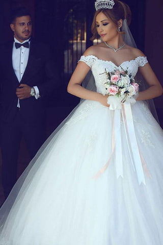 Tulle Ball Gown Off Shoulder Appliqued Wedding Dresses With Sweep Train
