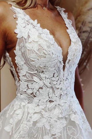 Tulle Ball Gown V-neck Lace Appliques Wedding Dresses, Bridal Gown
