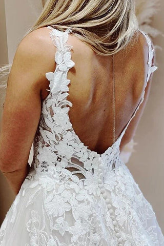 Tulle Ball Gown V-neck Lace Appliques Wedding Dresses, Bridal Gown