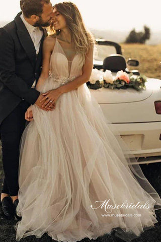 Tulle Beaded A-line Spaghetti Straps V-neck Beach Wedding Dresses