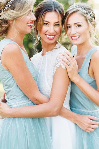 Tulle Beaded A-line Square Neck High-Low Simple Bridesmaid Dresses