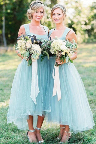 Tulle Beaded A-line Square Neck High-Low Simple Bridesmaid Dresses
