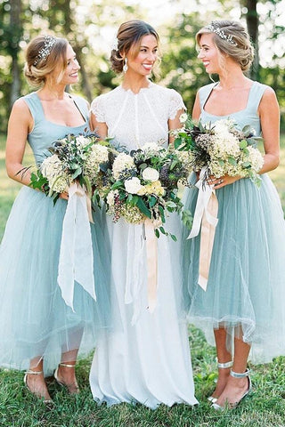 Tulle Beaded A-line Square Neck High-Low Simple Bridesmaid Dresses