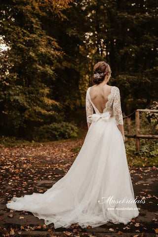 Tulle Lace A-line 3/4 Sleeves Backless Wedding Dresses, Bridal Gown