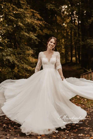Tulle Lace A-line 3/4 Sleeves Backless Wedding Dresses, Bridal Gown