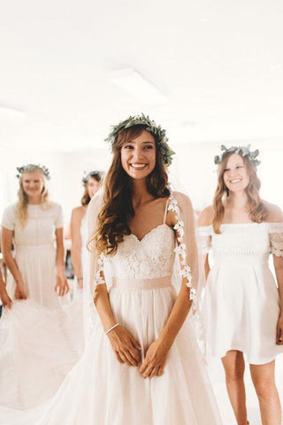 Tulle Lace A-line Spaghetti Straps Sweetheart Wedding Dresses With Train