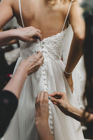 Tulle Lace A-line Spaghetti Straps Sweetheart Wedding Dresses With Train