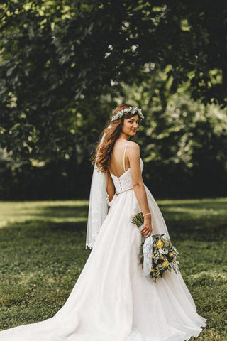 Tulle Lace A-line Spaghetti Straps Sweetheart Wedding Dresses With Train