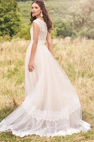 Tüllspitze A-Linie V-Ausschnitt Flügelärmel Rustikale Hochzeitskleider, Brautkleid