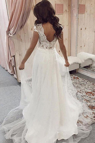 Tulle Lace A-line V-neck Cap Sleeves Wedding Dresses, Bridal Gown