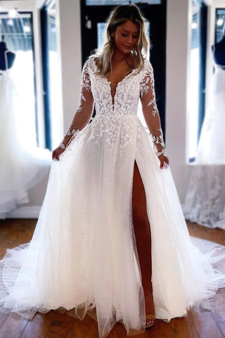 Tulle Lace A-line V-neck Long Sleeves Wedding Dresses, Wedding Gown