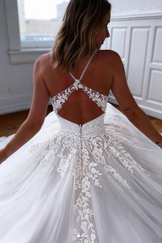 Tulle Lace A-line V-neck Spaghetti Straps Open Back Wedding Dresses