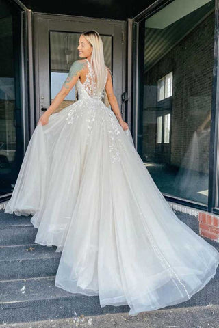Tulle Lace A-line V-neck Wedding Dresses With Appliques, Bridal Gown