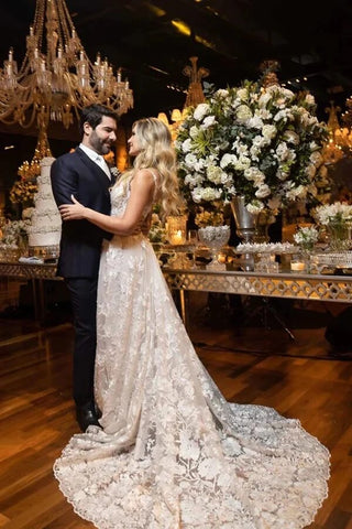 Tulle Lace A-line Wedding Dresses With Court Train, Wedding Gowns