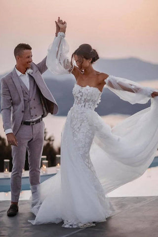 Tulle Lace Mermaid Beach Wedding Dresses With Detachable Train