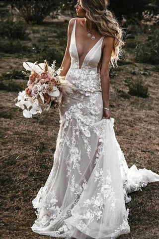 Tulle Lace Mermaid V Neck Wedding Dresses, Beach Wedding Dress