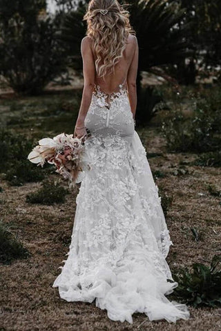Tulle Lace Mermaid V Neck Wedding Dresses, Beach Wedding Dress