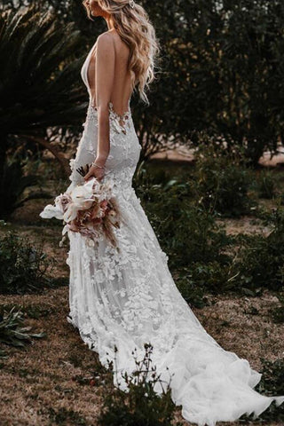 Tulle Lace Mermaid V Neck Wedding Dresses, Beach Wedding Dress