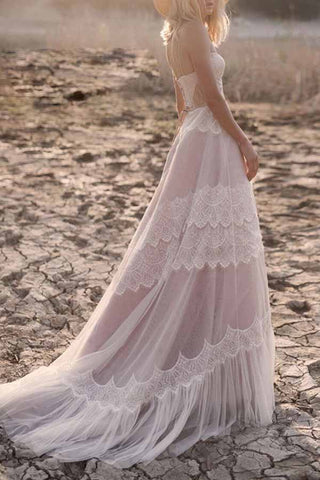 Tulle Lace Spaghetti Straps Boho Wedding Dresses, A-line Bridal Gown