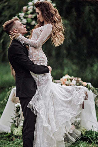 Tulle Mermaid Backless Long sleeves Lace Wedding Dresses With Train