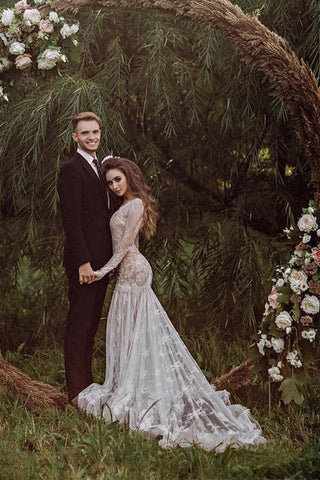 Tulle Mermaid Backless Long sleeves Lace Wedding Dresses With Train