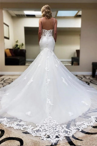 Tulle Mermaid Lace V-neck Spaghetti Straps Wedding Dresses With Train