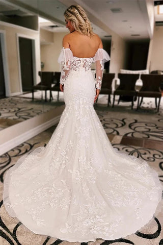Tulle Mermaid Lace Wedding Dresses With Court Train, Bridal Gown