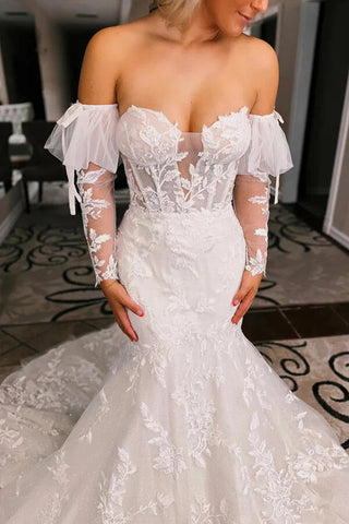 Tulle Mermaid Lace Wedding Dresses With Court Train, Bridal Gown