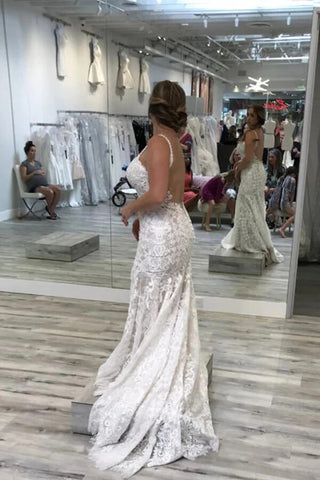 Tulle Mermaid Spaghetti Straps V-neck Backless Lace Wedding Dresses