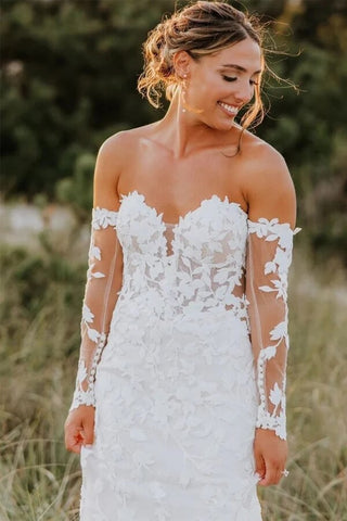 Tulle Mermaid Sweetheart Long Sleeves Lace Appliques Wedding Dresses
