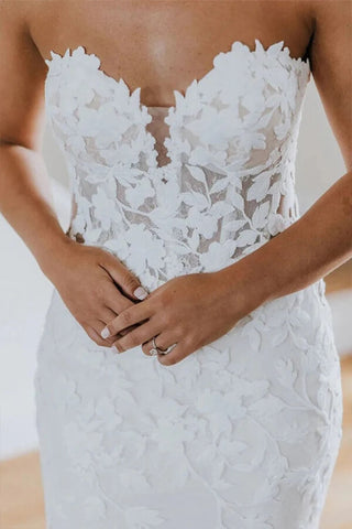 Tulle Mermaid Sweetheart Long Sleeves Lace Appliques Wedding Dresses