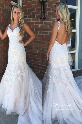 Tulle Mermaid V-neck Backless Lace Appliques Wedding Dress With Train