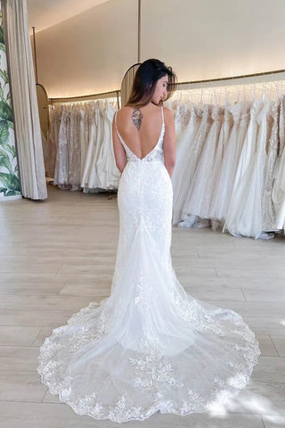 Tulle Mermaid V-neck Lace Appliques Wedding Dresses, Bridal Gown