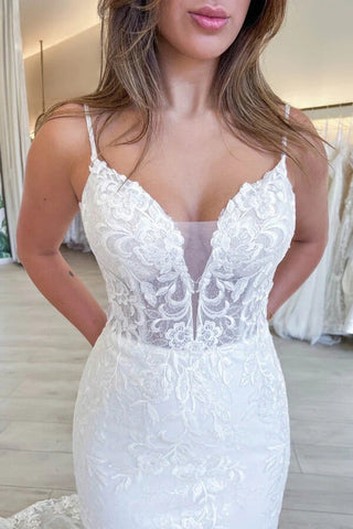 Tulle Mermaid V-neck Lace Appliques Wedding Dresses, Bridal Gown